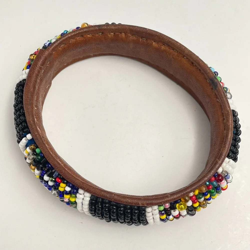Vintage 90s Glass Bead Leather Bangle Bracelet Boho Tribal Fashion Jewelry Retro